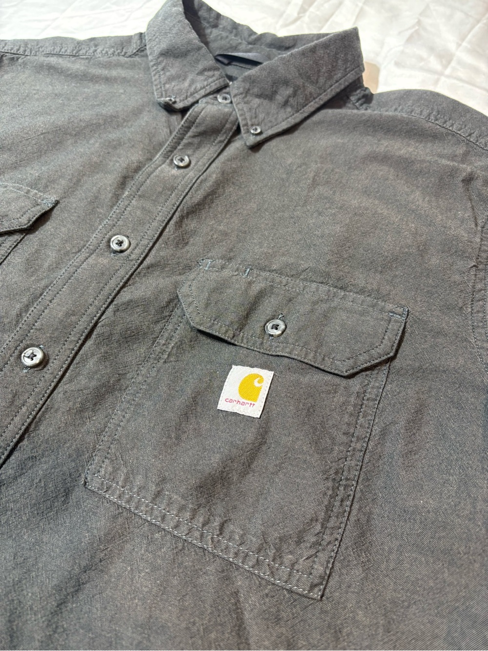 Carhartt Mens XL Black Chambray Shirt Loose Fit Short Sleeve Button Up TW4369